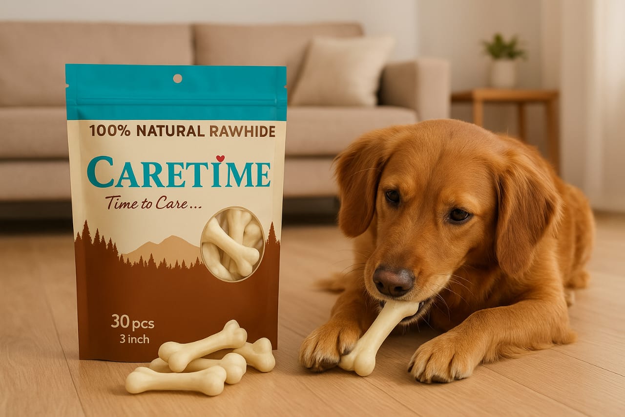 CARETIME Natural Rawhide Dog Dental Care Bone Promotes Healthy Teeth & Gums Long Lasting Chew Premium Dog Treat Healthy & Durable Dog Bones 1 kg,(Pack of 1) (28 to 31 Pieces in one Pouch)