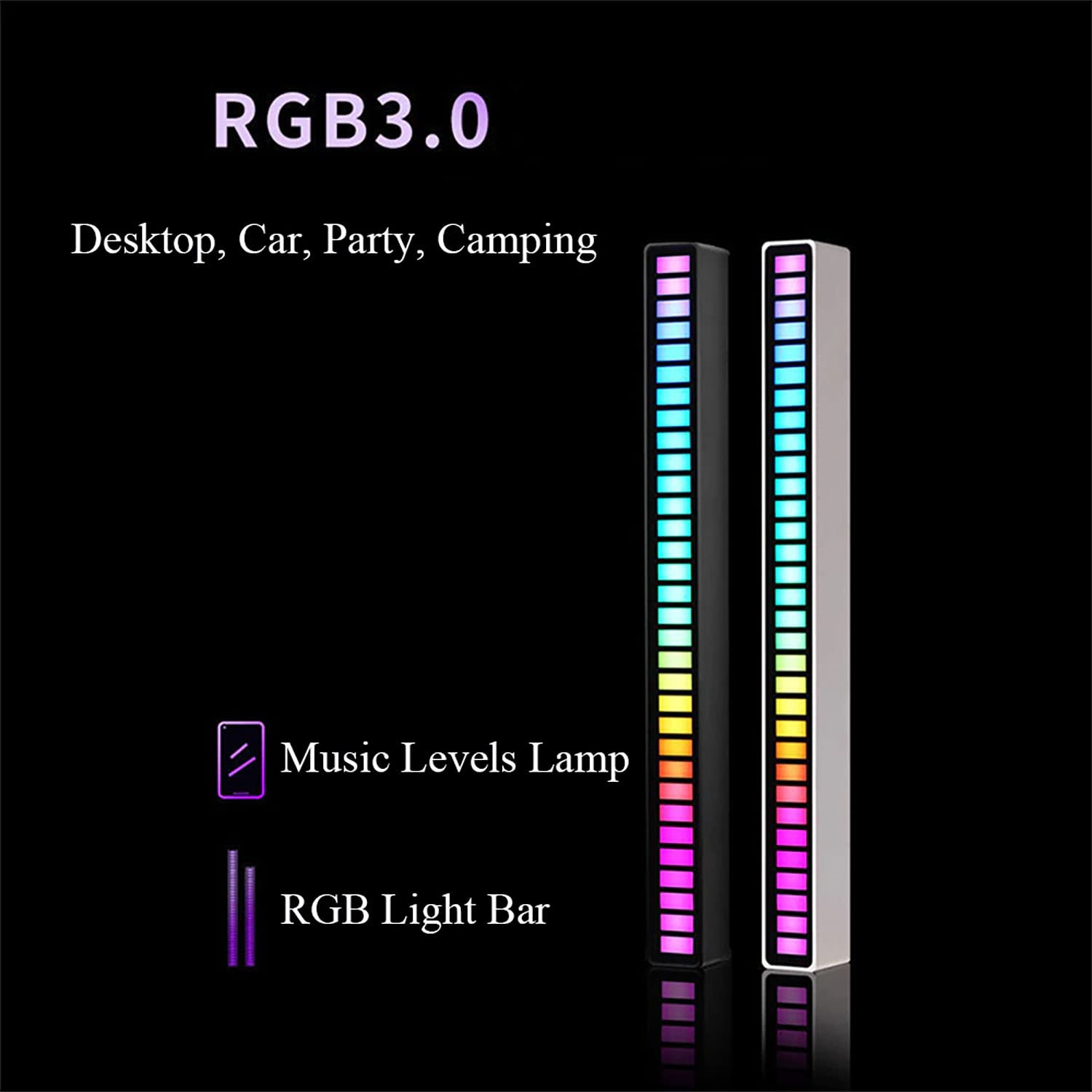 RGB LED Bar With Voice-Activated Wireless Pickup Rhythm Light, Rechargeable USB Sound Control Ambient Light 32 Bit Music Pickup Rhythm Light for Car, Party, Desktop, DJ, Gaming Room