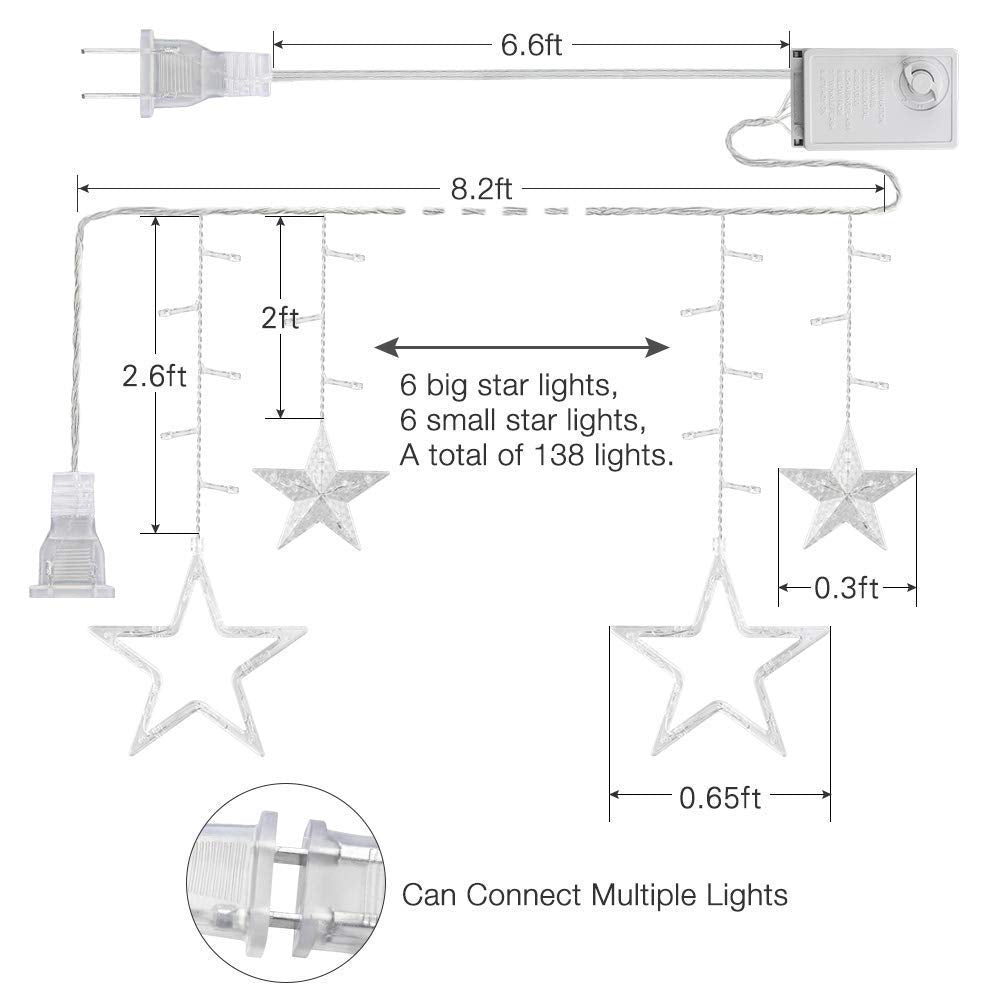 Curtain String Lights, 12 Stars 138 LED Window Curtain Lights Star Lights with 8 Flashing Modes Diwali Decoration String Lights for Christmas Wedding Party Home Garden, Warm White