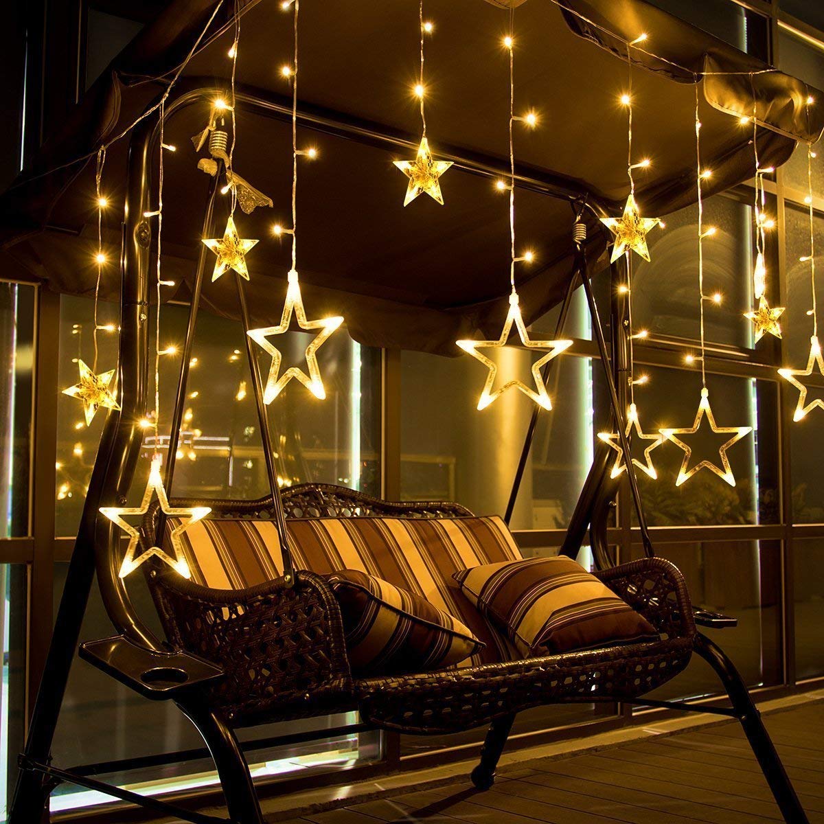 Curtain String Lights, 12 Stars 138 LED Window Curtain Lights Star Lights with 8 Flashing Modes Diwali Decoration String Lights for Christmas Wedding Party Home Garden, Warm White