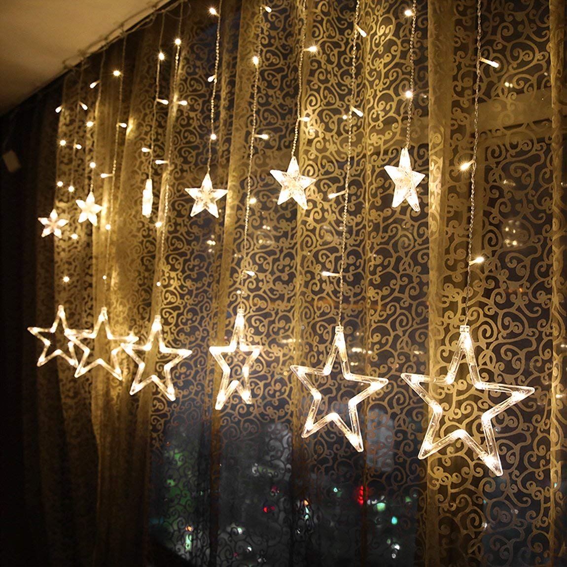 Curtain String Lights, 12 Stars 138 LED Window Curtain Lights Star Lights with 8 Flashing Modes Diwali Decoration String Lights for Christmas Wedding Party Home Garden, Warm White