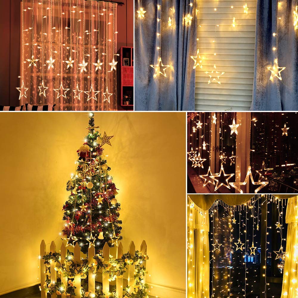 Curtain String Lights, 12 Stars 138 LED Window Curtain Lights Star Lights with 8 Flashing Modes Diwali Decoration String Lights for Christmas Wedding Party Home Garden, Warm White