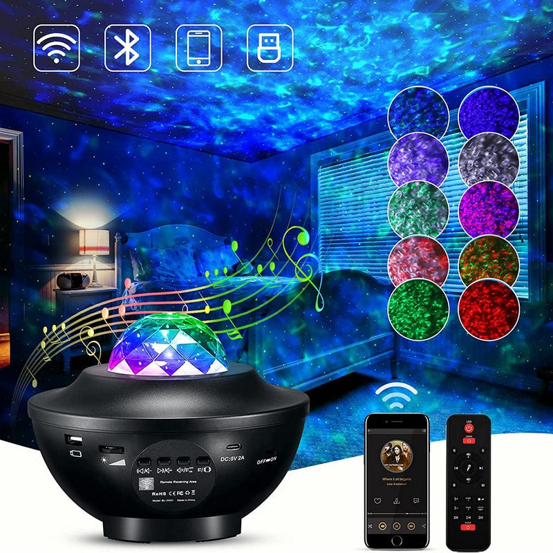 LED Colorful Star Galaxy Projector | Ocean Wave Night Light Rotate Starry Sky Projector| Bluetooth Speaker Room Decor Kids Gifts